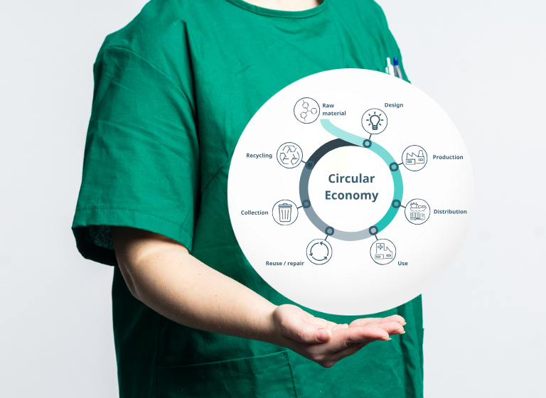 Nurse holding up her hand with a ball that includes a Circular Economy illustration.